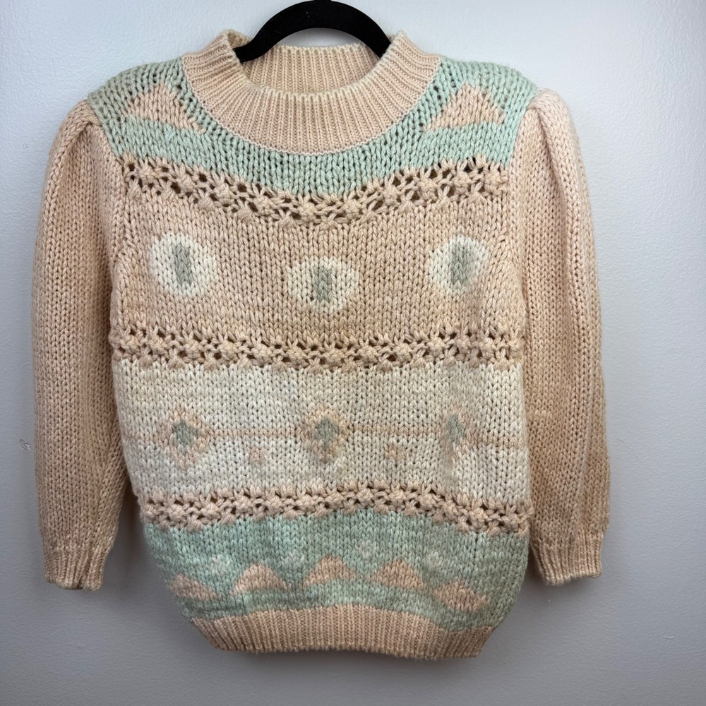 VTG Colter Bay Hand‎ Knit Sweater Women's M Pastel Geometric Pattern Puff Sleeve